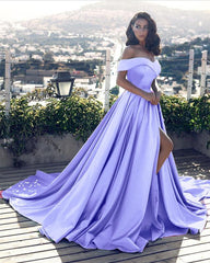 Sexy Front Split Off Shoulder Long Satin Coral Prom Dresses