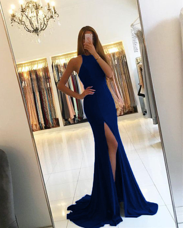 Long Jersey Backless Mermaid Prom Dresses Leg Slit