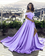 Sexy Front Split Off Shoulder Long Satin Coral Prom Dresses
