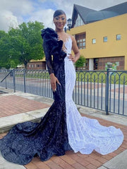 Black Sequin Trumpet Mermaid Long Sleeve Prom Dress