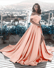 Sexy Front Split Off Shoulder Long Satin Coral Prom Dresses