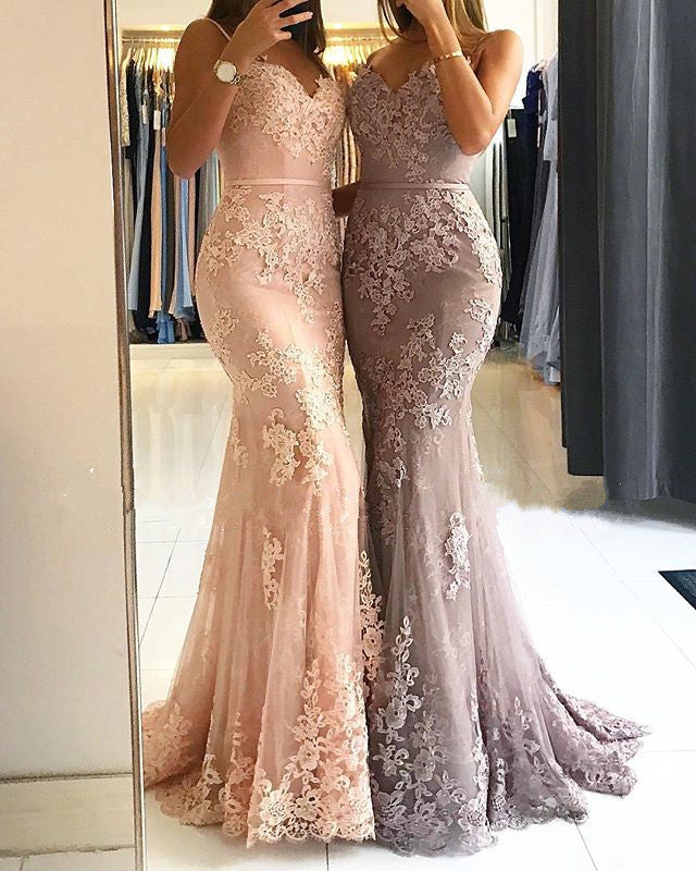 Elegant Mermaid V-neck Evening Gowns Floor Length Lace Prom Dresses