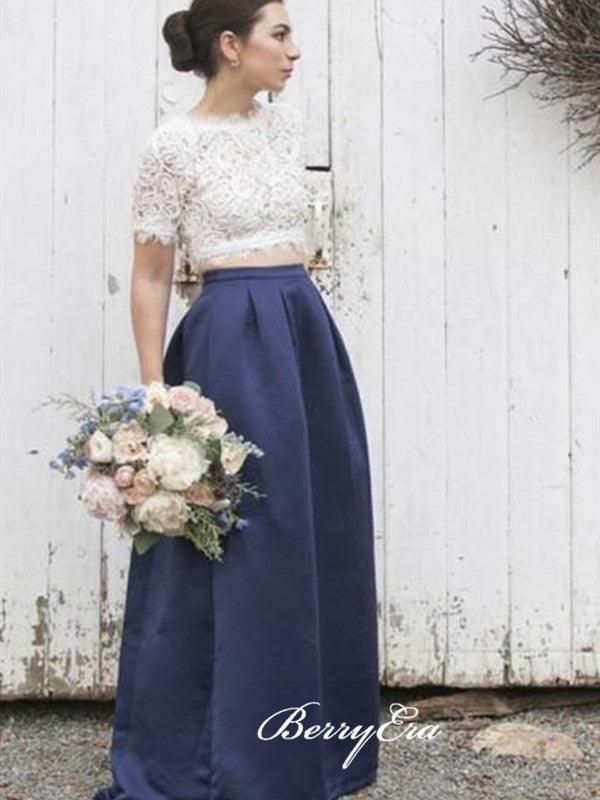 Two Pieces Lace Bridesmaid Dresses, A-line Satin Bridesmaid Dresses - RongMoon