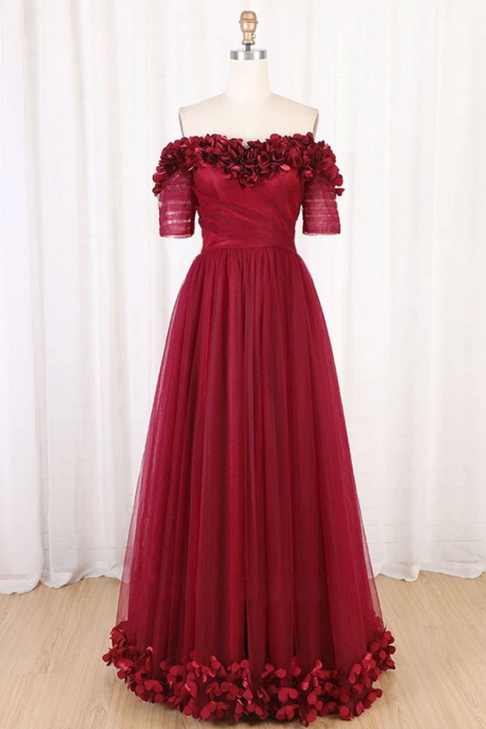 Off The Shoulder Flowers Burgundy Tulle Long Prom Dress