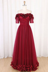 Off The Shoulder Flowers Burgundy Tulle Long Prom Dress