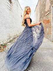 Elegant A line sweetheart neck tulle lace off shoulder long prom dress - RongMoon