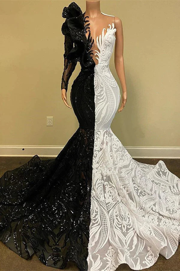 Black Sequin Trumpet Mermaid Long Sleeve Prom Dress