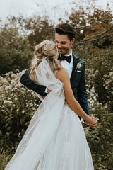 Appliques See Through V Neck A line Tulle Sexy Long Wedding Dress