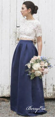 Two Pieces Lace Bridesmaid Dresses, A-line Satin Bridesmaid Dresses - RongMoon