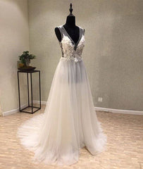 White A-line tulle lace long prom dress, white wedding dress - RongMoon