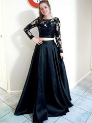 Lace & Satin Two Piece O Neck Long Sleeve Black Prom Dress