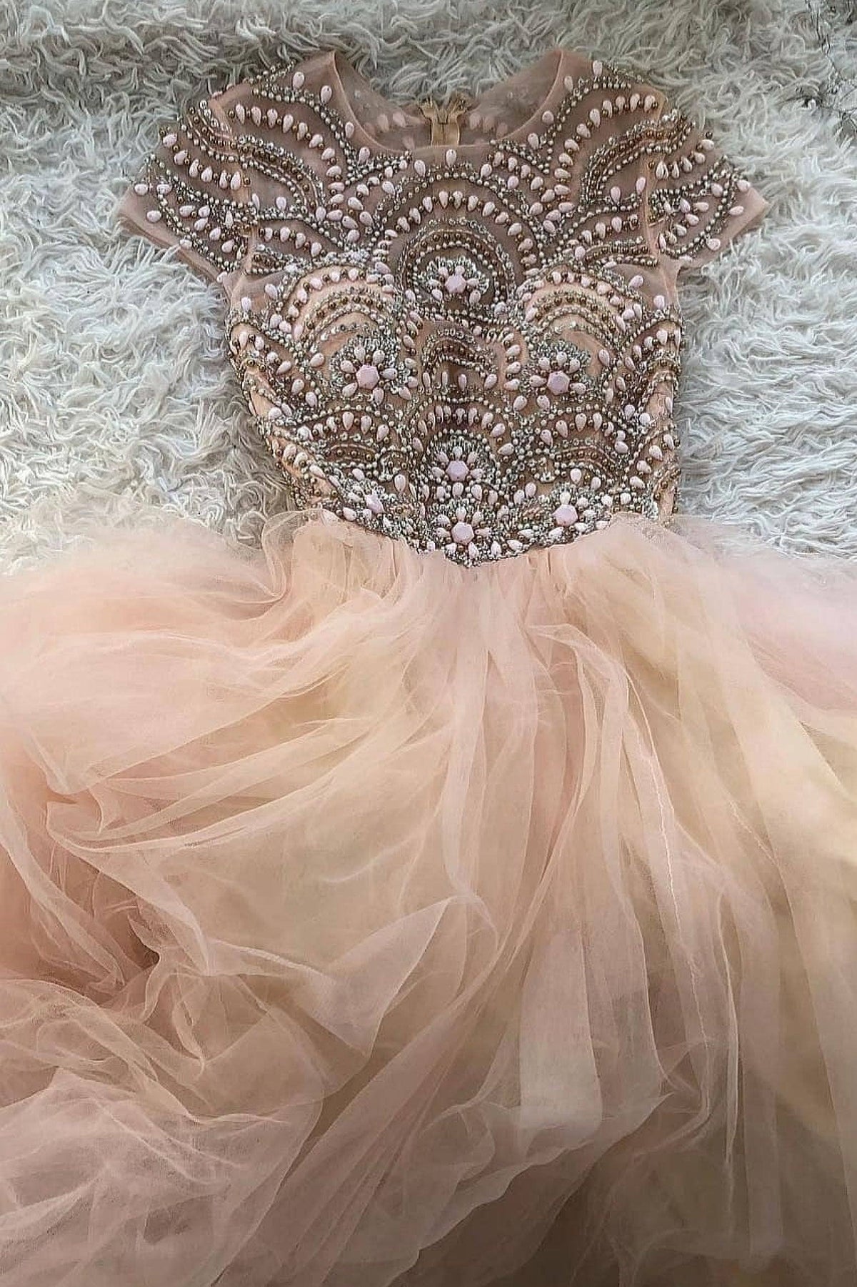 Pink round neck tulle beads long prom dress pink tulle formal dress - RongMoon