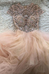 Pink round neck tulle beads long prom dress pink tulle formal dress - RongMoon