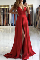Simple red v neck satin long prom dress red evening dress - RongMoon