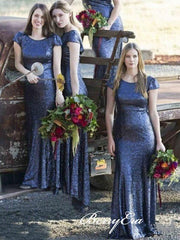 Cap Sleeves Sequins Bridesmaid Dresses, Mermaid Bridesmaid Dresses - RongMoon