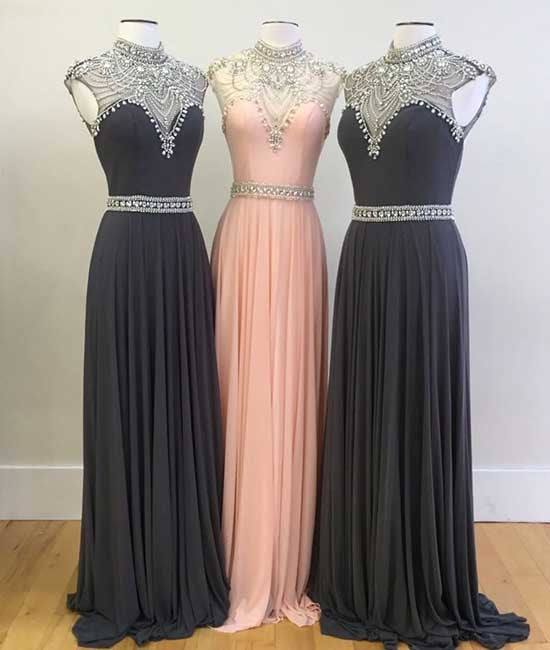 High neck sequin bead chiffon long prom dress, evening dress - RongMoon