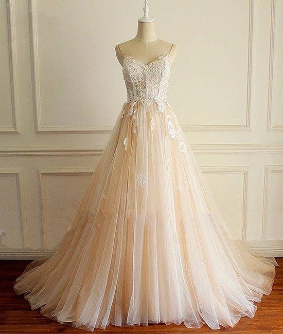 Champagne v neck tulle lace long prom dress, champagne tulle evening dress - RongMoon