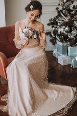 Champagne round neck tulle beads long prom dress - RongMoon