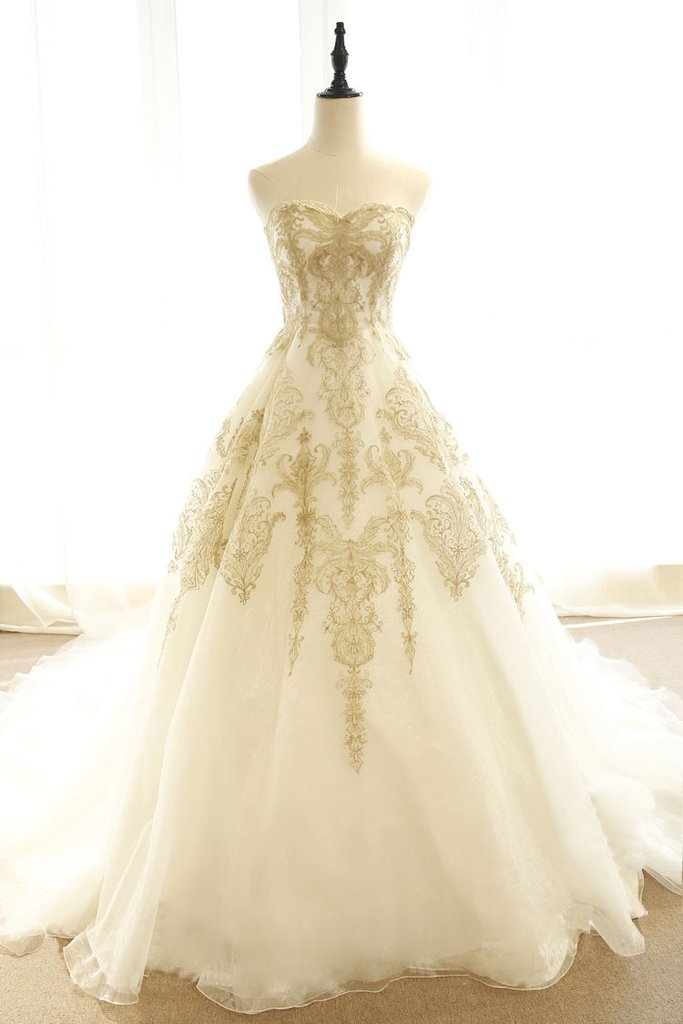 Appliques Lace Long Champagne A Line Prom Dress