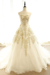 Appliques Lace Long Champagne A Line Prom Dress