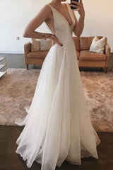 White v neck tulle long prom dress white evening dress - RongMoon