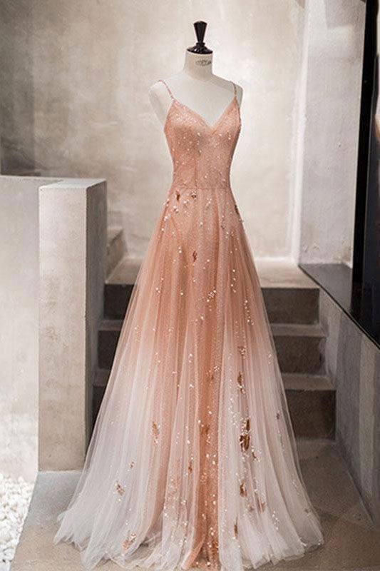 Pink tulle sequin beads long prom dress pink tulle formal dress - RongMoon