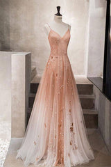 Pink tulle sequin beads long prom dress pink tulle formal dress - RongMoon