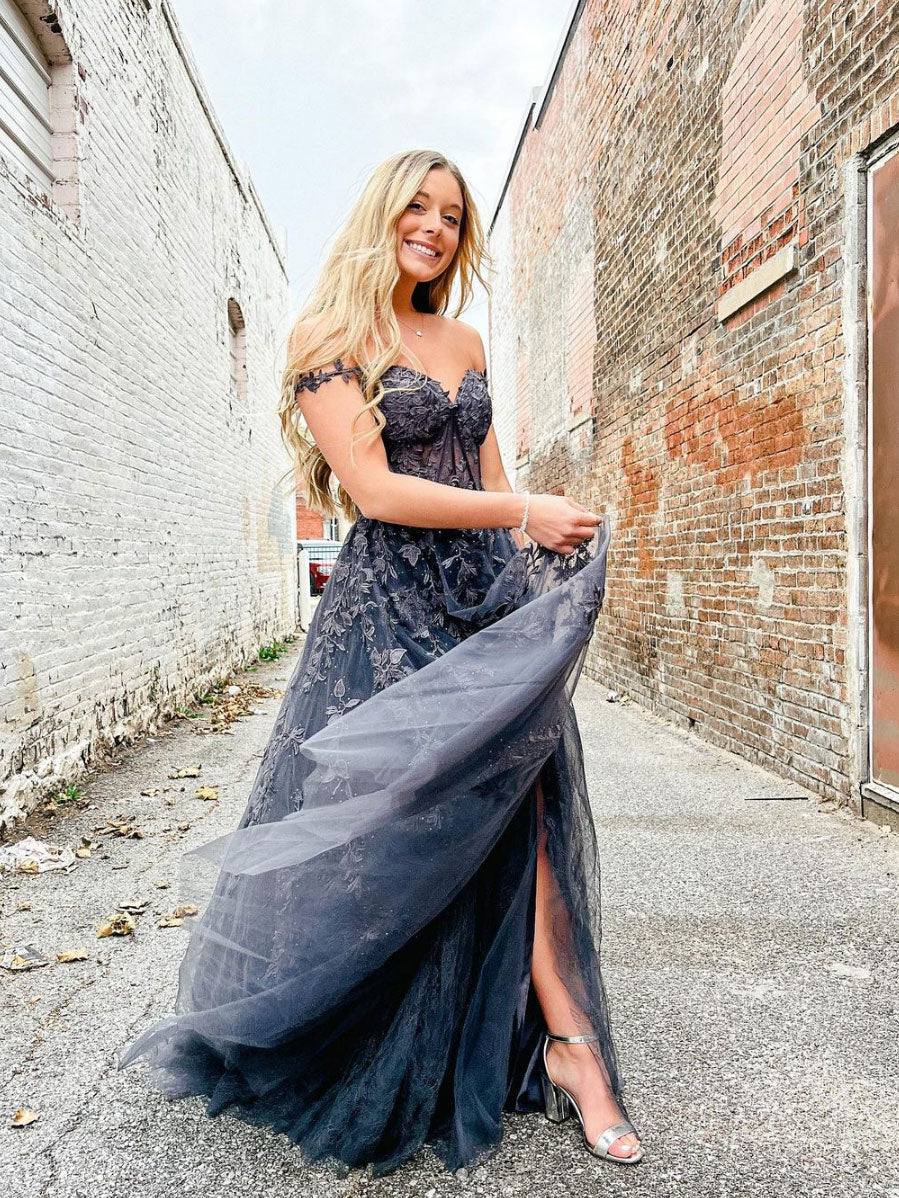 Elegant A line sweetheart neck tulle lace off shoulder long prom dress - RongMoon