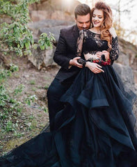 Long Sleeve A-Line Black Lace Two Piece Tulle Wedding Dress