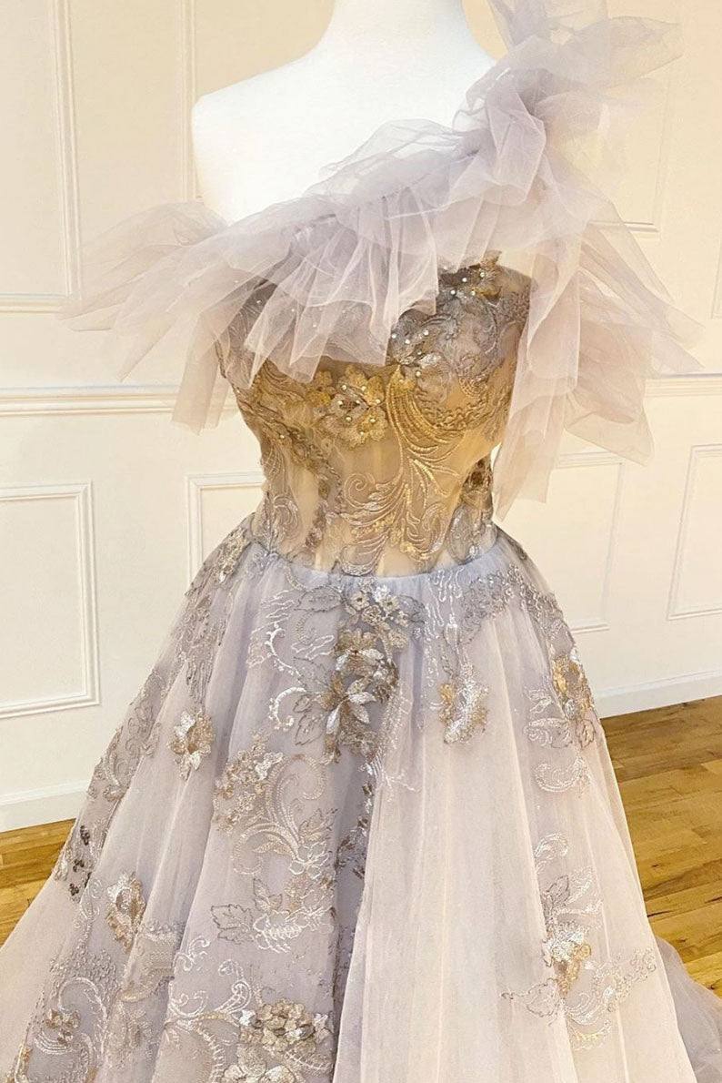 Champagne tulle lace long prom dress lace formal dress - RongMoon