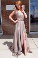 Simple v neck sequin satin long prom dress sequin evening dress - RongMoon