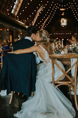 Appliques See Through V Neck A line Tulle Sexy Long Wedding Dress