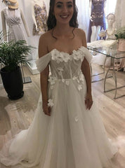 3D Flowers Beach Tulle Off the Shoulder Wedding Dress