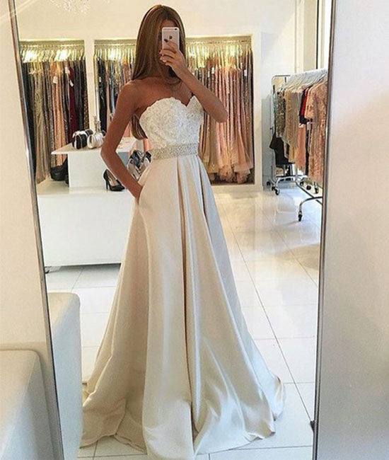 Light champagne lace long prom gown, champagne evening dress - RongMoon