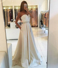 Light champagne lace long prom gown, champagne evening dress - RongMoon