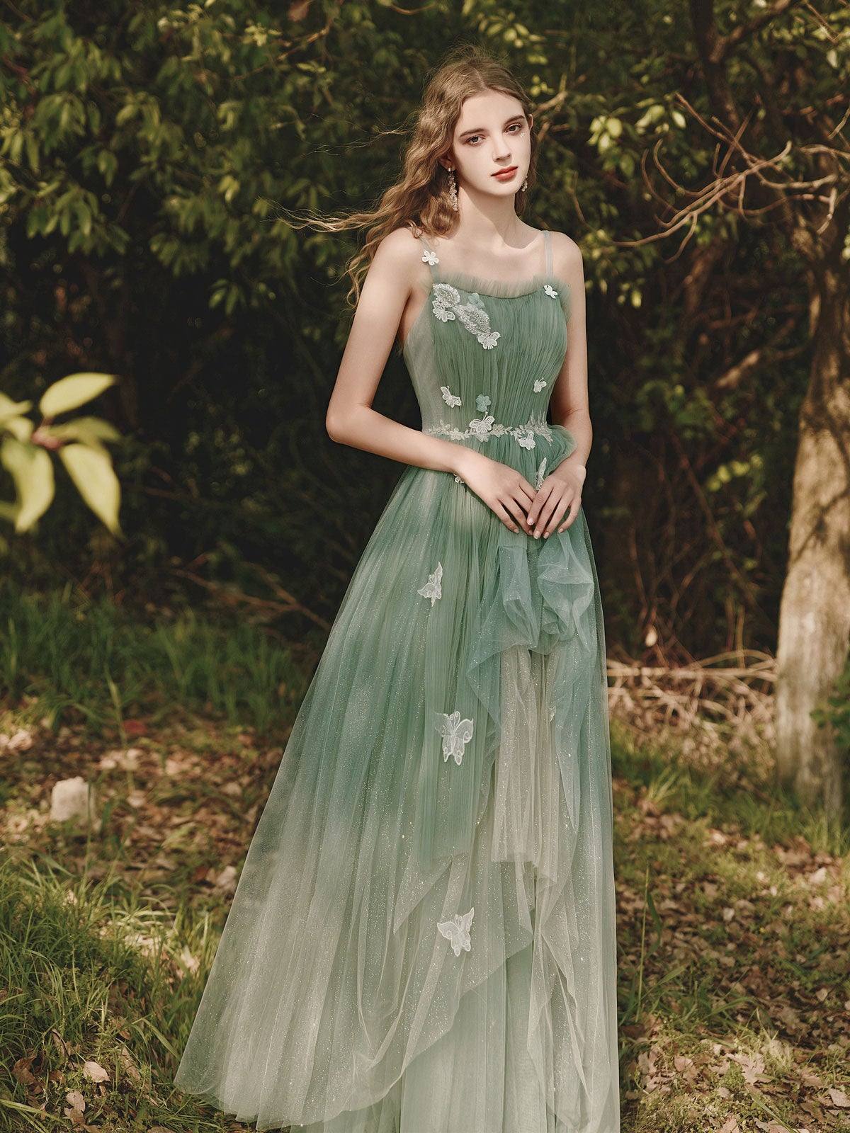 Green tulle lace long prom dress, green tulle formal dress - RongMoon
