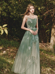 Green tulle lace long prom dress, green tulle formal dress - RongMoon