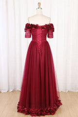 Off The Shoulder Flowers Burgundy Tulle Long Prom Dress