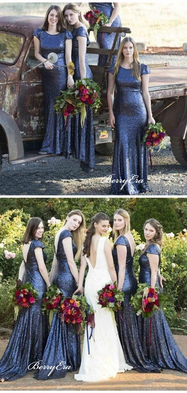Cap Sleeves Sequins Bridesmaid Dresses, Mermaid Bridesmaid Dresses - RongMoon