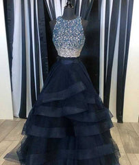 Black two pieces sequin long prom dress, black evening dress - RongMoon