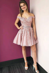 Pink off shoulder lace tulle short prom dress tulle cocktail dress - RongMoon