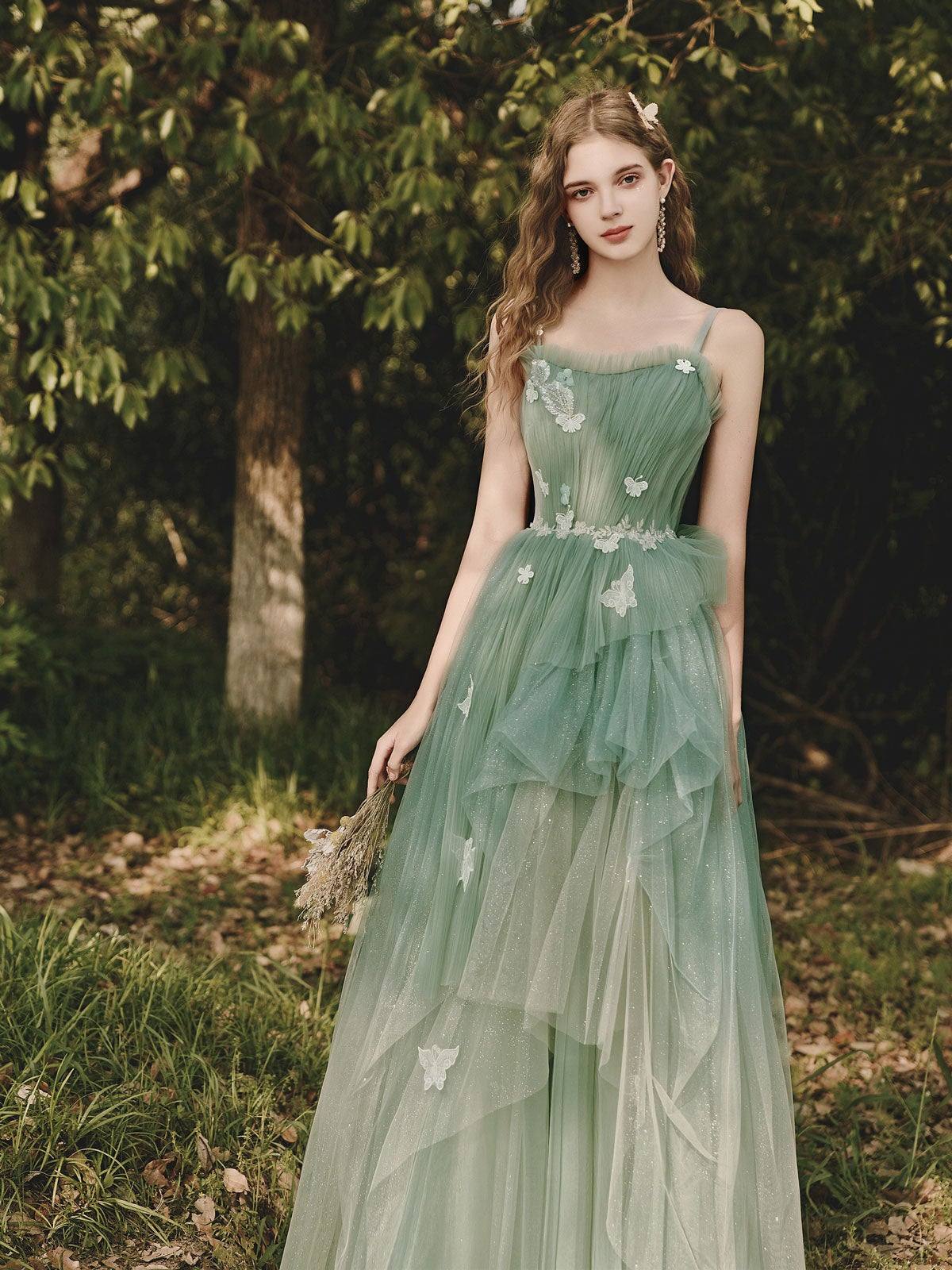 Green tulle lace long prom dress, green tulle formal dress - RongMoon