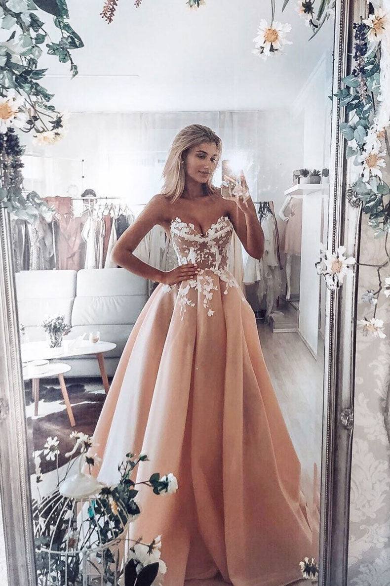 Champagne pink sweetheart tulle lace long prom dress lace evening dress - RongMoon