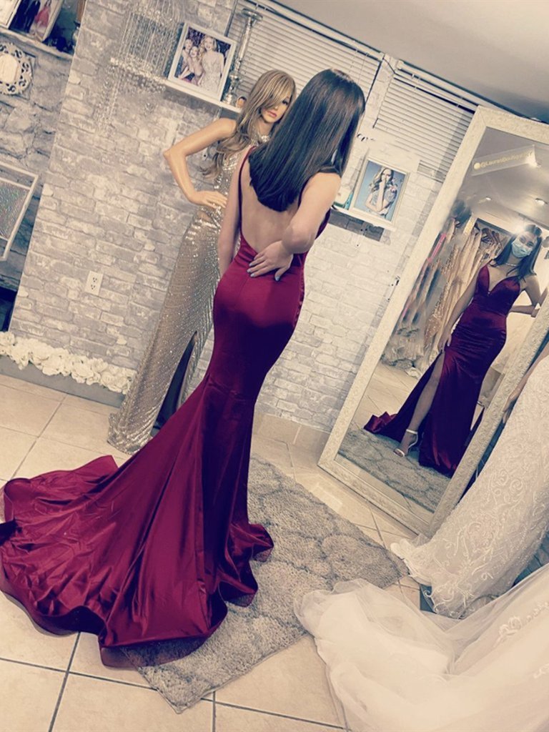 Trumpet Mermaid Sweep Train Burgundy Spaghetti Straps Satin Prom Dress