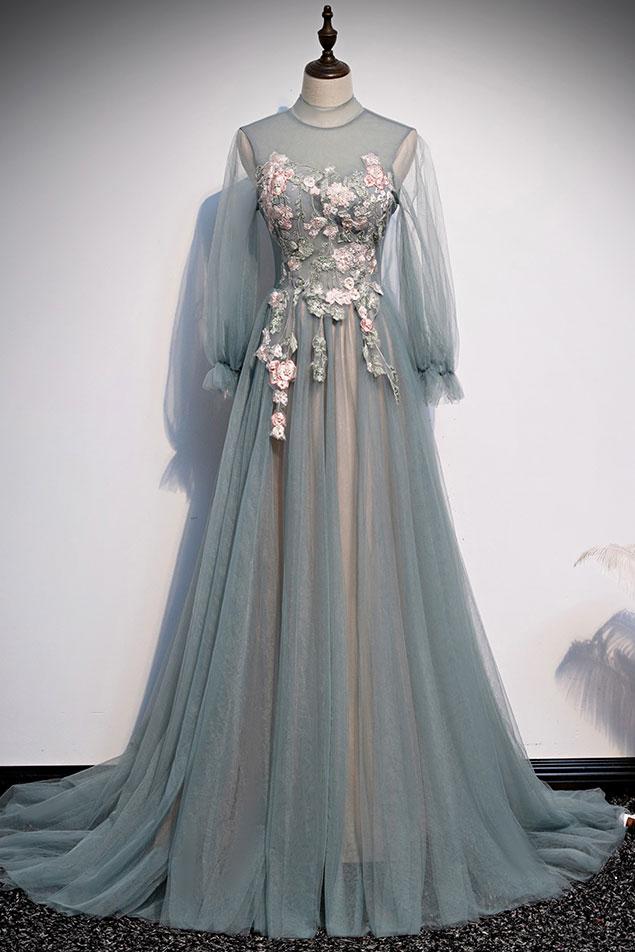 Lace Long Sleeve Unique A-Line Tulle Appliques Long Prom Dress