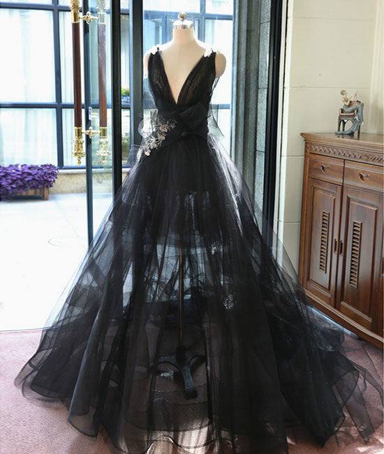 black v neck tulle long prom dress, black evening dress - RongMoon