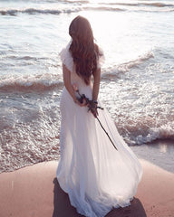 Short Sleeve Floor Length A-line Chiffon V-neck Sexy Tulle Cheap Wedding Dress