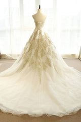 Appliques Lace Long Champagne A Line Prom Dress
