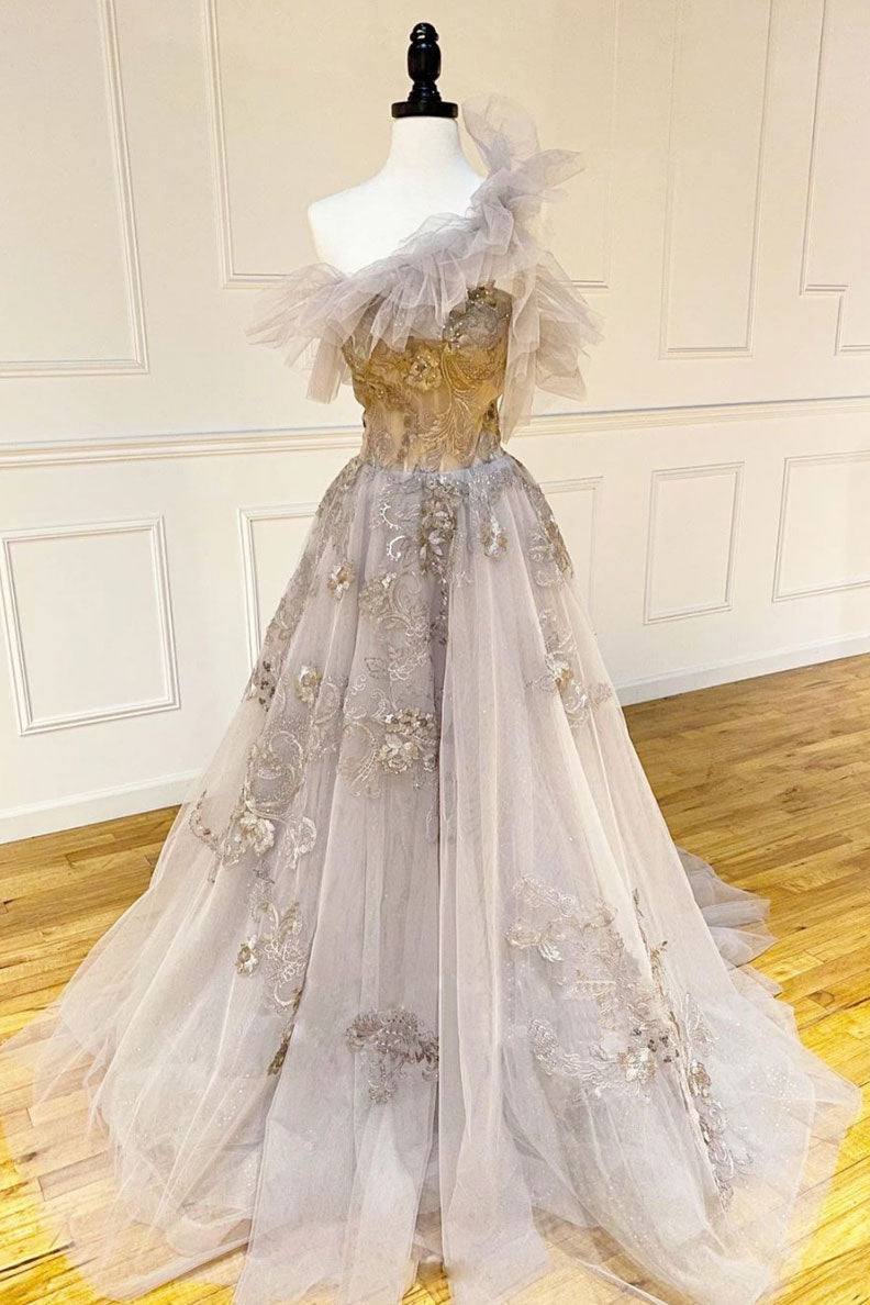 Champagne tulle lace long prom dress lace formal dress - RongMoon