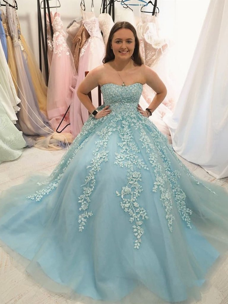 Appliques Tulle Strapless Mint A Line Green Prom Dress
